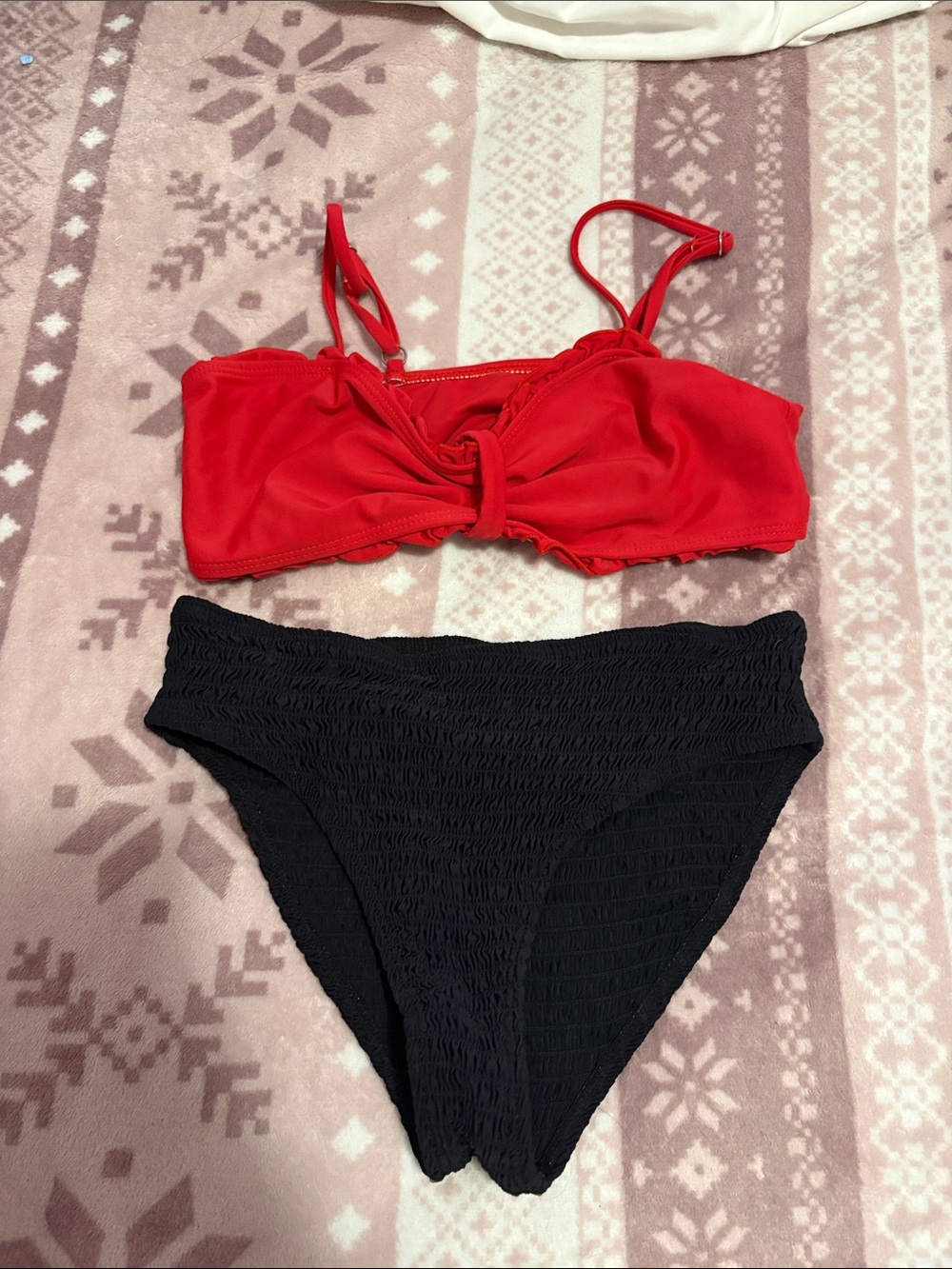 SHEIN Red Twist Bandeau Top with Black High-Waist Bikini Bottoms